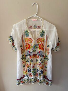 Johnny Was Blue Sky Embroidered Top Short Sleeve White small